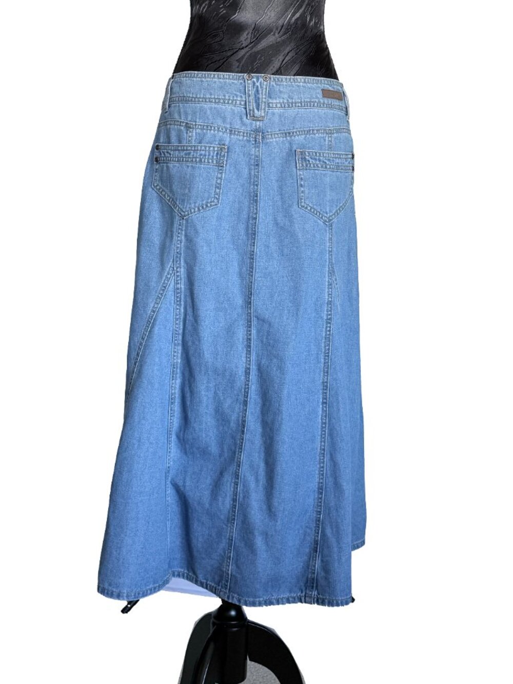 Ghanda Vintage Utility Denim Maxi Skirt - Paneled Boho A-Line Light Wash - Picture 6 of 13